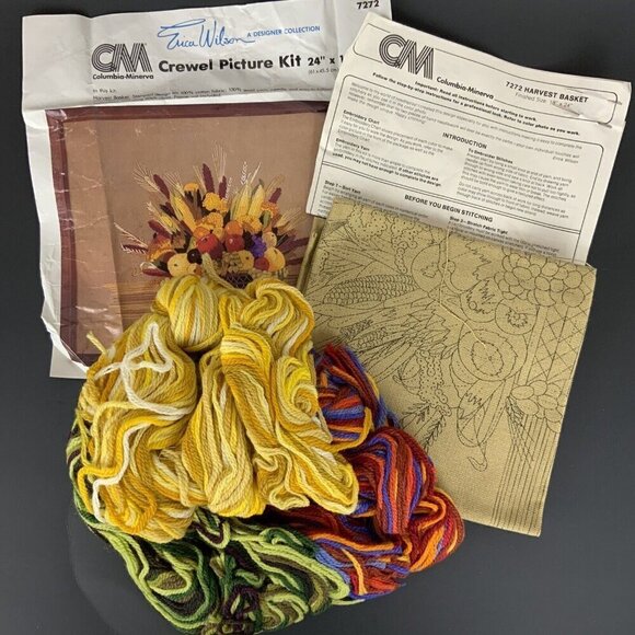 Columbia Minerva Crewel Picture Kit 7272 Harvest Basket by Erica Wilson Vtg 1980 - Picture 1 of 5